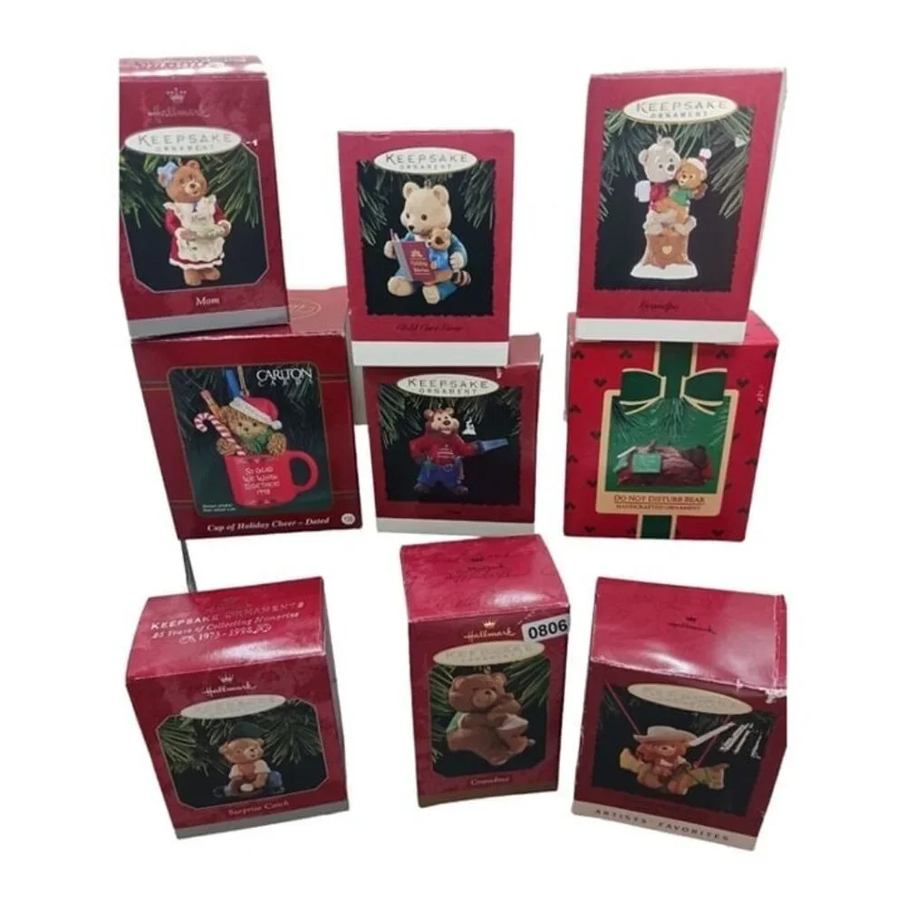Hallmark & carlton vtg lot of 9 hand crafted ornaments bears